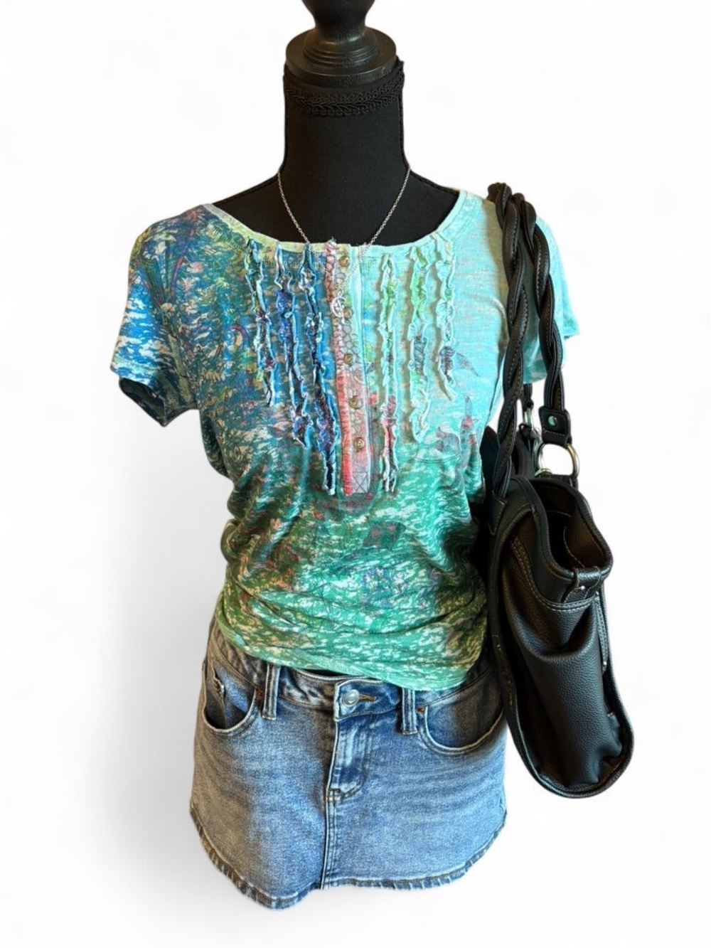 Haley K Women's Short Sleeve Ruffled Front Tee in Teal Multi, Size Large